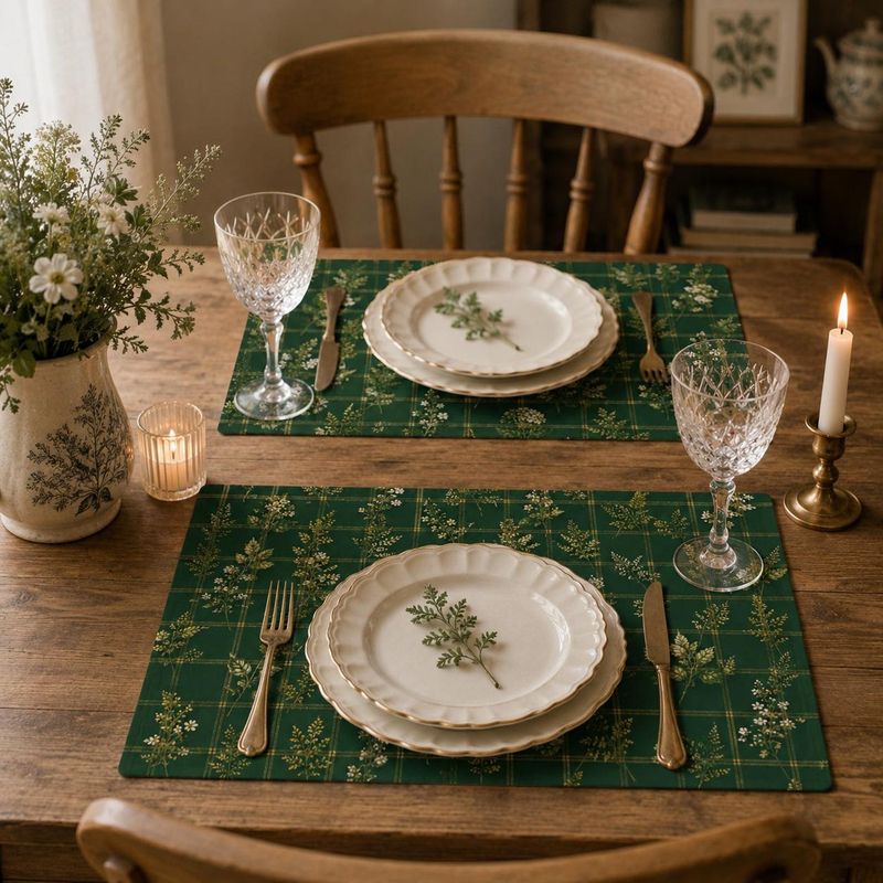 Linen Table Runner - VIKAMA Dark Green Plaid White Flower